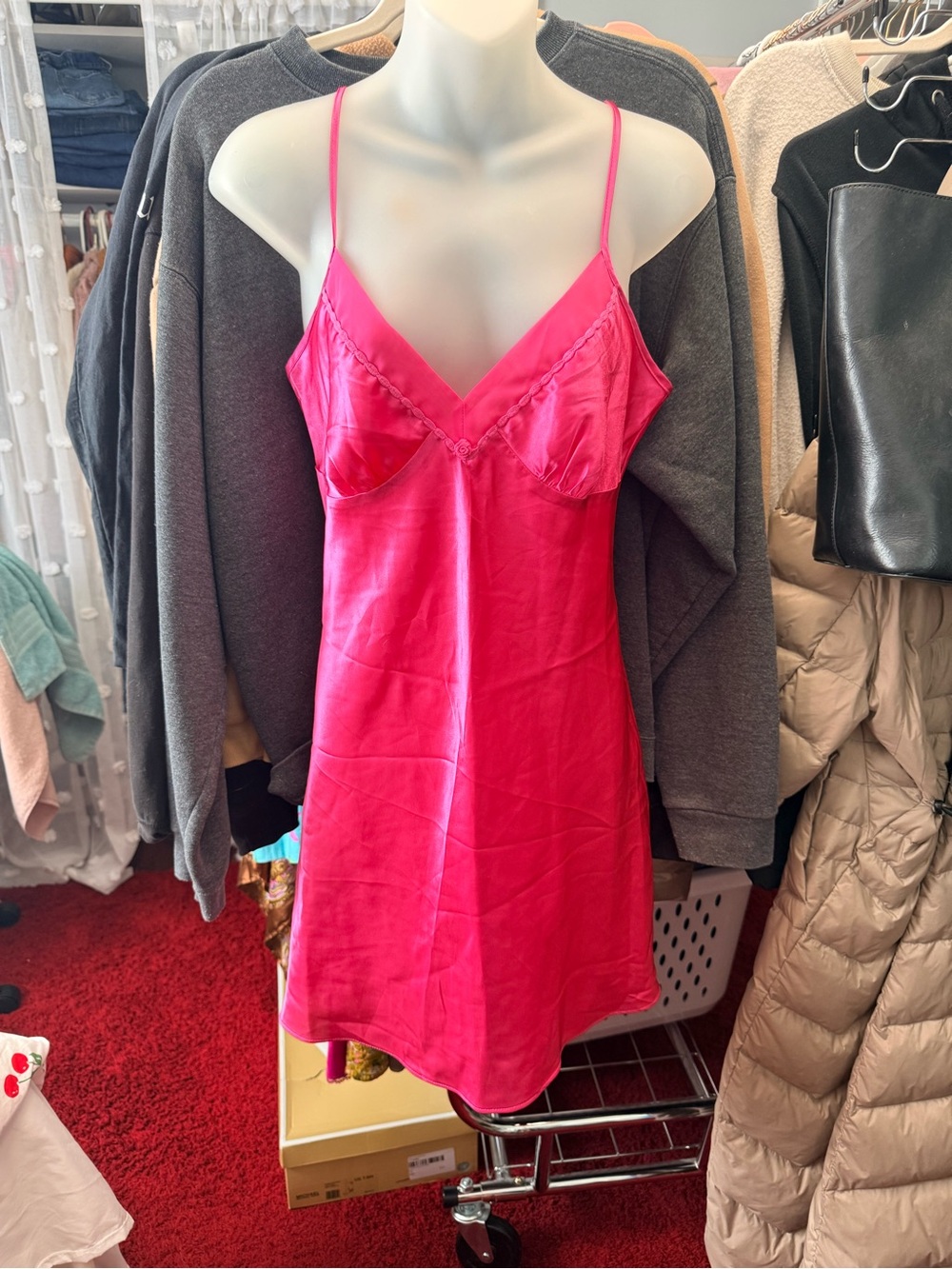 Y2K Hot Pink Satin Slip Dress with Spaghetti Straps